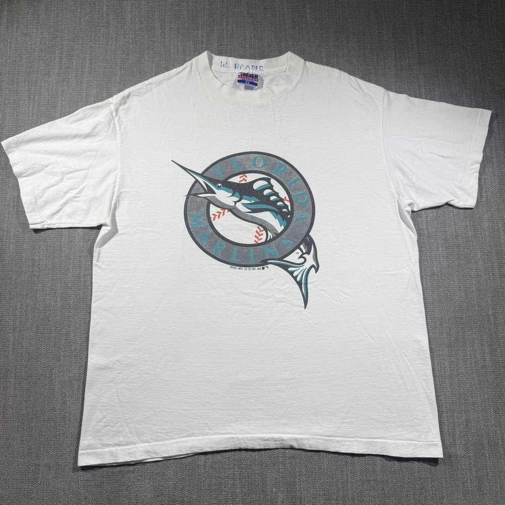Vintage Florida Marlins Shirt Mens XL White MLB‎ Baseball Trench Graphic Tee 90s